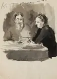 2 Figuren, onduidelijk, Ongesigneerd 20e eeuw, Oostindische inkt op papier, twee figuren aan tafel 21x30cm