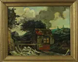 Ongesigneerd ca, watermolen, 1950, olieverf op paneel, landschap met watermolen 40x50cm