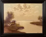 Fr. Lemming, koeien aan water, Lemming, olieverf op linnen, koeien aan het water 60x80cm