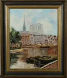Ongesigneerd ca, Stadshafen, 1950, olieverf op linnen, stadsgezicht met gracht en boten 24x30cm