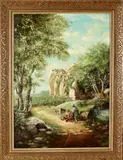 J.E. 84, landschap, 84, olieverf op linnen, romantisch landschap met twee figuren 50x71cm