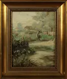 Ongesigneerd ca, boerin bij water, 1930, olieverf op linnen, landschap met boerin 21x27cm