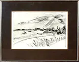 Noord Duitse ets, riviergezicht, Onduidelijk gesigneerd (Duitse School), ets op papier, riviergezicht 30x21cm