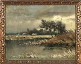 Olieverf winter, Crob, Michiel Duco Crop ( 1863 Arnhem 1901 Loosduinen), olieverf op linnen, winters landschap bij avond 33x26cm