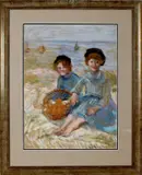 Simon Maris, kinderen aan strand, Simon Maris (Den Haag 1873 - 1935 Amsterdam), aquarel op papier, twee meisjes in de Hollandse duinen 60x45cm