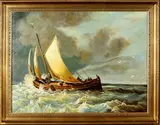 Onduidelijk gesign., zeilboot op zee, Onduidelijk gesigneerd 20e eeuw, olieverf op linnen, zeilboot op ruwe zee 60x80cm