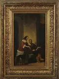 Ongesigneerd ca, interieur 19e eeuw, 1880, olieverf op papier, twee figuren met hond in een kerk 16x27cm