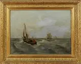 Schilderij ca., zeegezicht, Onduidelijk gesigneerd 19e eeuw, olieverf op paneel, zeilschepen op zee (in schilderingen) 30x40cm