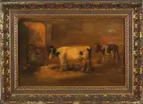 F. van Kregten, studie, Fedor van Kregten (studie), olieverf op paneel, 3 koeien met melkende boer 40x26cm