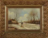 H. Hermans, winter, 1900, olieverf op paneel, winters landschap met figuren op een pad 27x17,5cm
