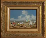 Willy Pannier, strandgezicht, Willy Pannier 20e eeuw (Franse School), olieverf op paneel, strandgezicht met vele figuren 27x19cm