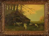 Schilderij Jaarsveld, schapen, 1930, olieverf op paneel, herder met zijn schapen bij schaapskooi 41x60cm