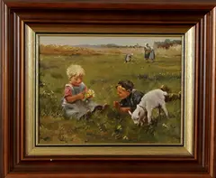 J. van Dinten, kinderen, J. van Dinten, olieverf op linnen, boerenkinderen met geit in weiland 30x40cm
