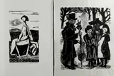 2 Houtsnedes, Willem Grimm, Twee maal Wilhelm Grimm (1904 - 1986 Duitse School), houtsnedes op papier, musicerende figuren 37x46cm
