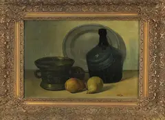 Monogram W.G.H. ca, stilleven, 1920, olieverf op linnen, stilleven met vijzel en fruit 46x36cm