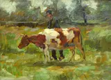 Arnold Marc Gorter, roodbonte koe, Arnold Marc Gorter ( 1866 - 1933), olieverf op linnen, boer met kalf (met taxatierapport) 56x44cm