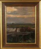 Monogram W. ca, bruggetje, 1900, olieverf op paneel, riviergezicht met houten bruggetje 24x30cm