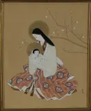 Japans schilderij, gesigneerd, 1930, gouache op zijde, geisha met kind 35x43cm