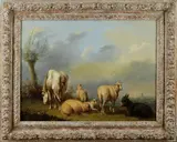 L. Plas, vee, Laurentius Plas (1828 - 1888 ), olieverf op paneel, landschap met vee 67x50cm