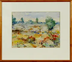 Hein Smit, aquarel, Hein Smit (Groningen 1902 - ), aquarel op papier, kleurrijk landschap 36x27cm