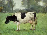 Arnold Marc Gorter, zwartbonte koe, Arnold Marc Gorter (1866 - 1930), olieverf op linnen, koe (met taxatierapport) 56x44cm