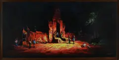 Indonesisch schilderij, Soedarno, Soedarno '67 (Indonesiche School), olieverf op linnen, tempel bij nacht met figuren 200x100cm
