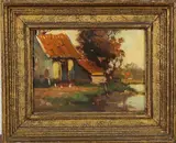 Frans Hoos? ca, huis aan water, 1930, olieverf op paneel, boerderij aan het water 18x24cm