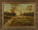 J. Wouters, schapen, 1920, olieverf op linnen, landschap met herder en schapen 60x80cm