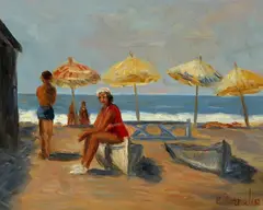 strand by C. Cornelisz, Cornelisz 21e eeuw, olieverf op paneel, strandgezicht met parasols en figuur 25x20cm, offered Oct 2013