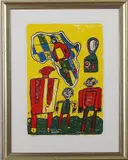 S. Ribberink, zeefdruk, Suzanne Ribberink, zeefdruk op papier, kleurrijke figuren 26x38cm