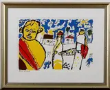 Joan Dinsbach, zeefdruk, Joan Dinsbach, zeefdruk op papier, kleurrijk dorpsgezicht met figuren 40x27cm