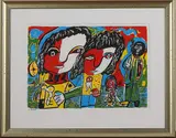 M. Houtman, zeefdruk, Houtman (Marga), zeefdruk op papier, kleurrijke figuren 27x40cm