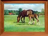 Schilderij v. de Meer, paarden, Schilderij v. de Meer, olieverf op linnen, landschap met paard en veulen 50x70cm