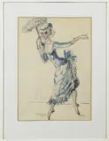 Jo Drinkwaard, vrouw met parasol, Jo Drinkwaard 153 (Ammerstol 1920 - ), gemengde techniek op papier, danseres 22x32cm