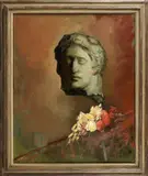 L. Ansingh, groot, Lizzy Ansingh (Utrecht 1875 - 1959 Amsterdam), olieverf op linnen, stilleven met bloemen en beeld 70x57cm