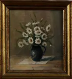 A.K. 45, klein bloemstilleven, Monogram AK 45, olieverf op paneel, vaas met bloemen 12x12cm