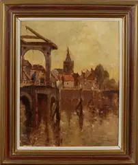 F. Hoos, kerk nabij brug, Frans Hoos ( 1884 - 1966 Den Haag), olieverf op linnen, Hollandse gracht met ophaalbrug en figuren 40x50cm