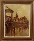 F. Hoos, kerk nabij brug, Frans Hoos ( 1884 - 1966 Den Haag), olieverf op linnen, Hollandse gracht met ophaalbrug en figuren 40x50cm