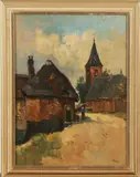 F. Hoos, straatje met kerk, Frans Hoos (Den Haag 1884 - 1966 Den Haag), olieverf op paneel, dorpsgezicht met kerk 30x40cm