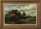 Willem Roelofs, landschap Weesp, Willem Roelofs (Amsterdam 1822 - 1897 Berchem), olieverf op linnen, landschap met boerderij 70x45cm