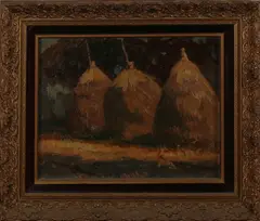 Frans Slager, hooimijten, Frans Slager (Den Bosch 1876 - 1953 Meerhout), olieverf op linnen, hooimijten 24x30cm