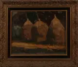 Frans Slager, hooimijten, Frans Slager (Den Bosch 1876 - 1953 Meerhout), olieverf op linnen, hooimijten 24x30cm