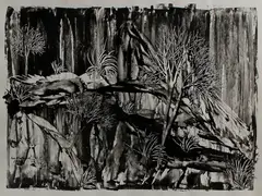 Ivo Katavio, zwart/wit, Ivor Robert Katavio 1970 (Split - mpotski), olieverf op papier, landschap 47x60cm