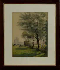 aquarel by Evert Rabbers, Evert Rabbers ( 1875 - 1967 Enschede), aquarel op papier, zonnige wei met koeien 23x31cm, offered Apr 2013
