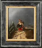 J.G. Smiths, meisje met kruik, Jan Gerard Smits (Den Haag 1823- 1910), olieverf op paneel, wandelend meisje met sprokkelhout 21x25cm