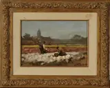 Joop van Leeuwen, bollenveldje, Joop van Leeuwen (Den Haag), olieverf op paneel, bloembollenveld met figuren 18x25cm