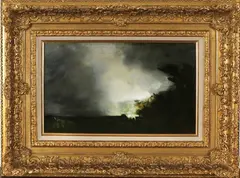 Jan Voerman, paarden in melkbocht, (Kapemn 1837 -1941), olieverf op paneel, weidende paarden bij avond 54x32cm
