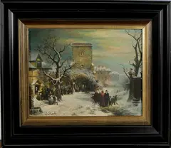 J. Stork, winter, Strok 20e eeuw, olieverf op paneel, winters dorpsgezicht met vele figuren 30x40cm