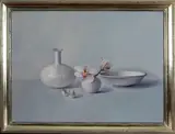 E.P. Molenveld, stilleven, Eduard Pieter Moleveld ( Den Haag 1946 - ), olieverf op paneel, stilleven met porselein en Orchidee