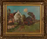 F. Hoos, boerderij met schuur, Frans Hoos ( 1884 - 1966 Den Haag), olieverf op linnen, zonnige boerderij met boer en boerin 40x50cm